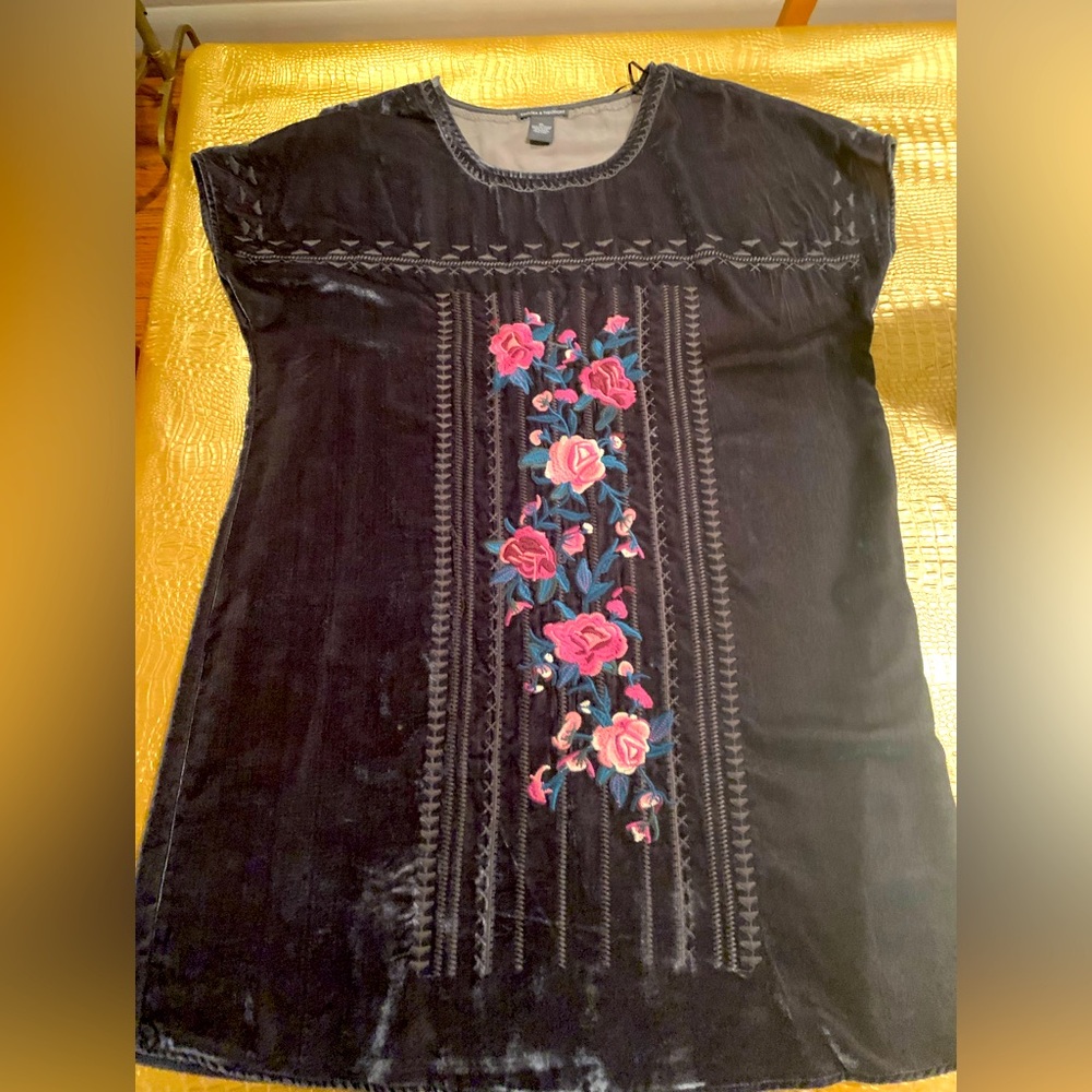 Chelsea & Theodore dark gray velvet with embroidery.